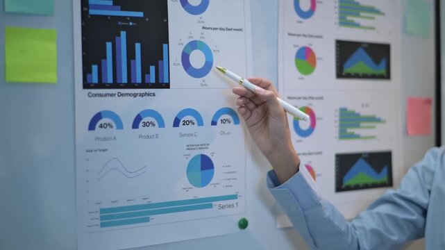 A person is pointing at a chart on a wall. The chart is filled with different colored bars and circles. The person is holding a pen and seems to be explaining something to someone else