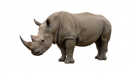 Fototapeta premium 白バック 強壮なシロサイ 静かに立つ 力強いシルエット. AI Generated