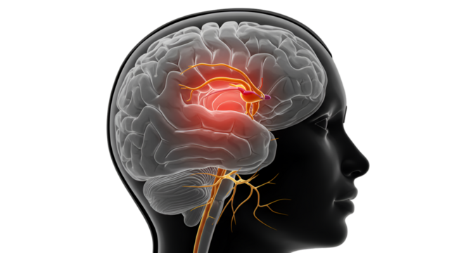 Visualization of brain inflammation within a human head with pain highlighted in red and nerve