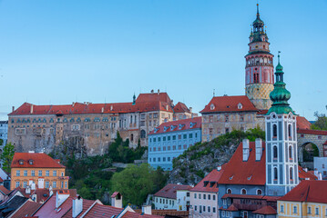 Obraz premium Sunrise view of Cesky Krumlov castle and Saint Jost church, Czec