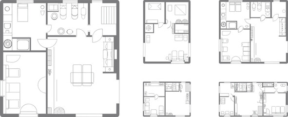 Top view floor plan set, architectural cad drawing, black and white layout, modern home blueprint, apartment vector illustration collection