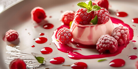 Delicate raspberry panna cotta dessert garnished with fresh berries and mint on a white plate
