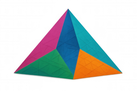 Vibrant multicolored pyramid with transparent edges, casting geometric shadows for modern graphic design layouts