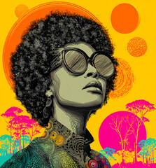 Retro 70s style illustration of a stylish Black woman in a colorful African landscape