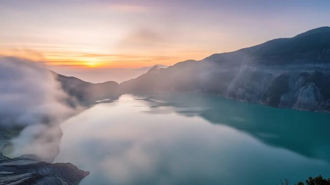 Stunning Aerial Views of Kawah Ijen Volcano at Sunrise, Indonesia, Volcanic Activity