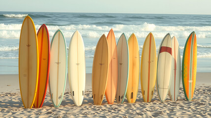 A lineup of surfboards on a sandy beach, with the ocean waves in the background, representing a classic beach lifestyle.
