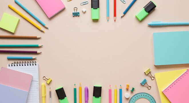Colorful stationery on a beige background