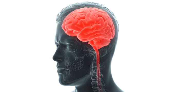 A vibrant red brain inside a transparent human head highlighting intelligence and awareness on dark