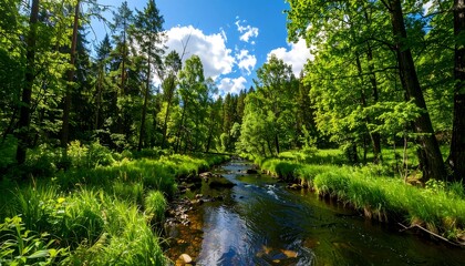 Obraz premium A serene forest stream winds through lush greenery under a partly cloudy sky. Sunlight filters through the trees