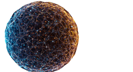 Interconnected network sphere glowing with digital energy showing global communication and complex