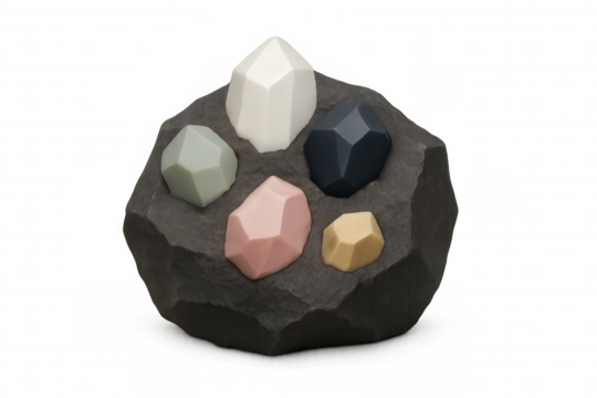 Five colorful crystals emerging from a dark rock against a transparent background, creating a striking contrast