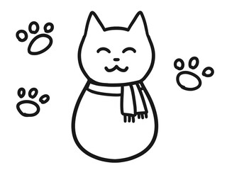 マフラーを巻いた猫の白黒線画イラスト