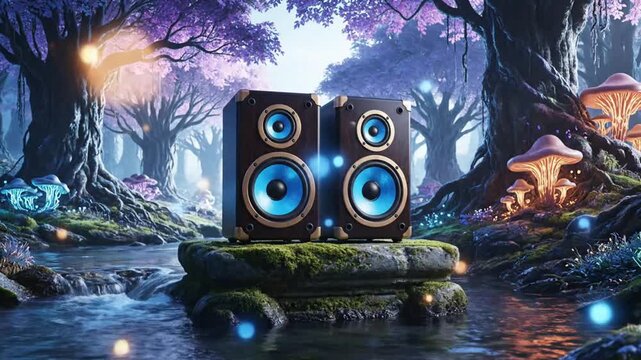 Two Bluetooth Speakers Playing Music in Enchanting Fantasy Forest Scene with Glowing Mushrooms and Vibrant Colors