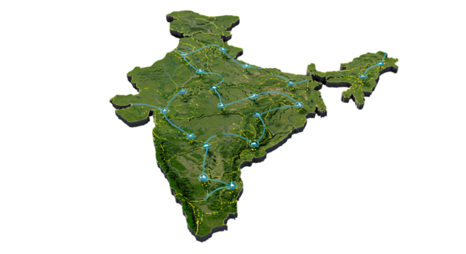Exploring India s interconnected regions tracing vital network connections across a 3D rendered map