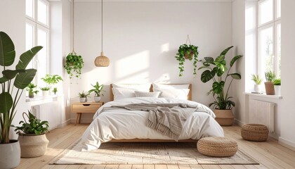 Naklejka premium Bright Scandinavian bedroom interior with natural wood, white walls, and cozy bedding. Perfect for stock usage in home design, furniture, and lifestyle projects.