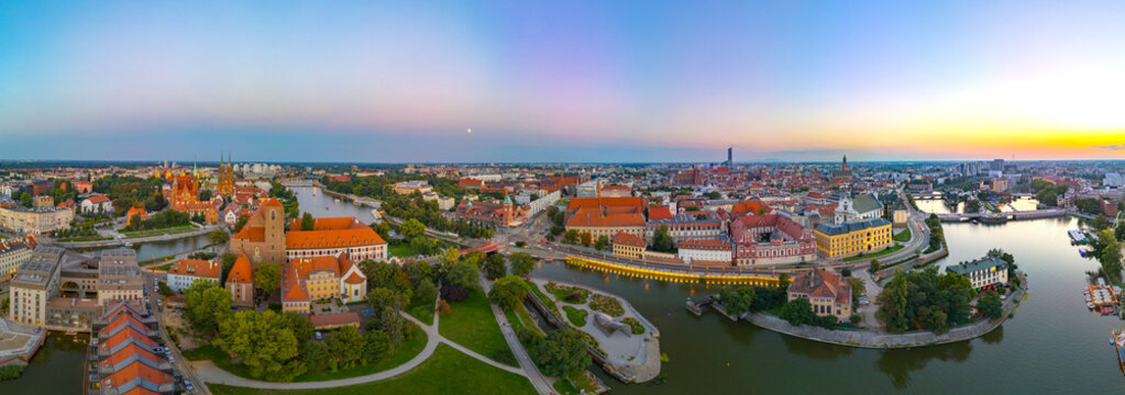 Sunset view of center of Wroclaw with Roman Catholic parish chur