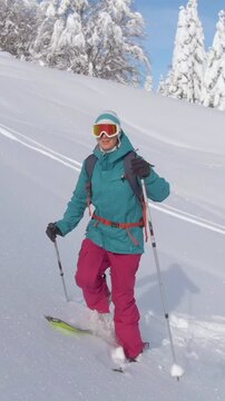 AERIAL: Fit female tourist hikes along an ungroomed slope while splitboarding in Julian Alps. Young woman observes the snow covered nature while crossing a meadow during a ski touring trip to Bohinj.