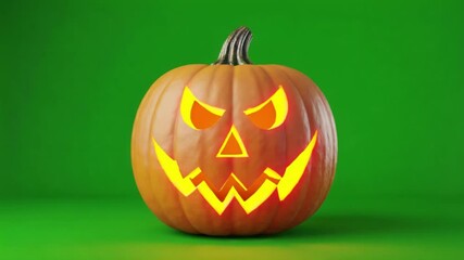 A carved pumpkin with an angry face on a green background in a studio setting for halloween season halloween green screen pumkin video - Powered by Adobe
