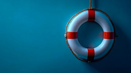 Photo of a life buoy hanging on a blue background, in a flat lay with space for text or message. Web banner showing the concept of safety and protection