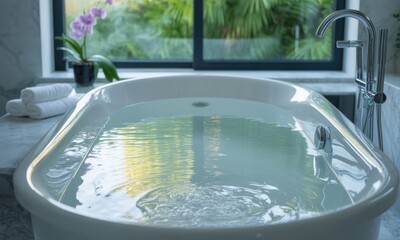 Oval white bathtub filled with water, a spa-like scene
