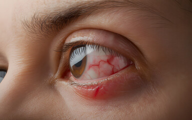 Obraz premium Detailed eye close-up with visible redness, capillaries, and inflammation, ideal for medical, health, and ophthalmology content