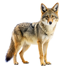 A realistic full body studio portrait of a wild coyote standing and looking forward isolated on transparent background