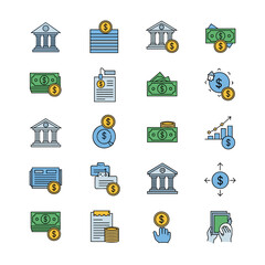 Financial elements representing banking and investment activities with money and documents on a clean white backdrop, conveying stability and growth.
