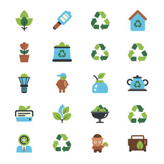 Collection of environmental symbols representing recycling and sustainable living displayed on white backdrop, promoting ecofriendly lifestyle with colorful and modern aesthetic.