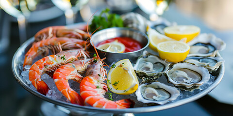 Luxurious platter of fresh oysters and prawns served with lemon and dipping sauce