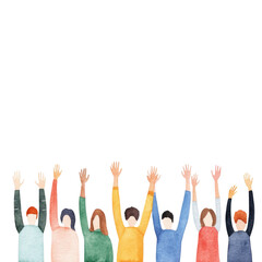 Cheerful group diverse people raised hands watercolor style colorful clothing happy celebration