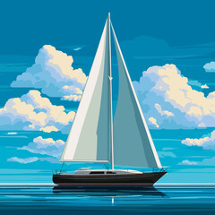 This serene illustration depicts a sleek sailing boat gliding across calm waters under a vast blue sky. The boat's sails are billowing gracefully as it cuts through the water, with fluffy clouds float
