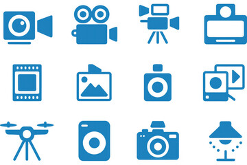 Multimedia Icons in Blue: A collection of minimalist  icons related to multimedia and visual technology, representing various camera and media formats and devices. 