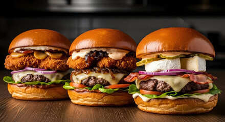 A mouth-watering display of three gourmet cheese burger varieties, showcasing rich ingredients and culinary artistry.