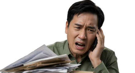 Anxious man overwhelmed with bills on call facing financial pressure with dark background and direct