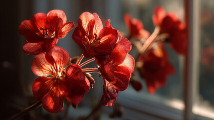 Close up view of red geranium flowers illuminated by sunlight indoors.