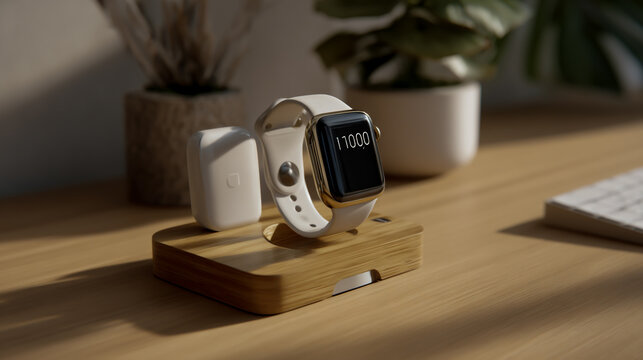 Photo of a modern white wireless charging station and an Apple Watch on a wooden stand, on a desk with a clean background,