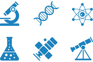 Science Icon Set: A striking collection of vector icons related to scientific discovery. Each symbol evokes a sense of exploration, innovation and breakthrough in the realm of scientific knowledge.