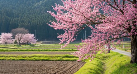 Pink cherry blossoms over a rural landscape