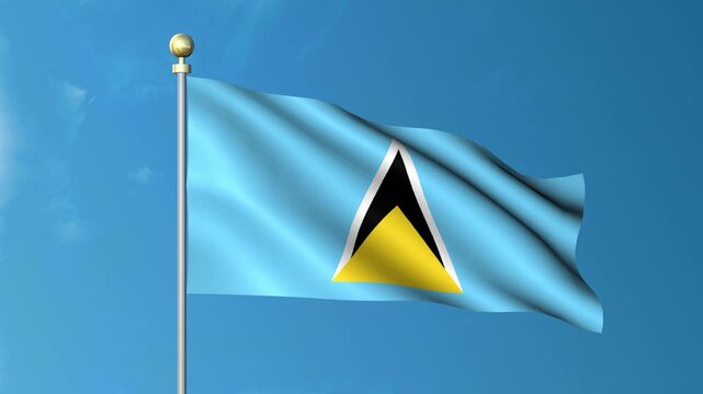 Realistic 3D Saint Lucia Animated Flag Waving in the Wind Against Blue Sky &ndash; National, Historical, and Cultural Symbol with Green Screen for Chroma Key &ndash; 4K UHD Quality