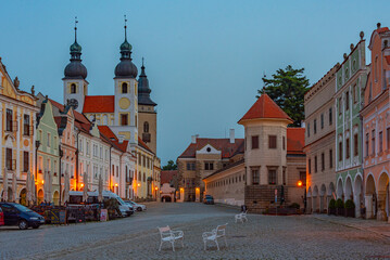 Sunrise view of colourful houses at historical square in Telc, C