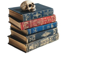 Collection of eerie gothic novels stacked together representing mystery and supernatural themes isolated on transparent background PNG