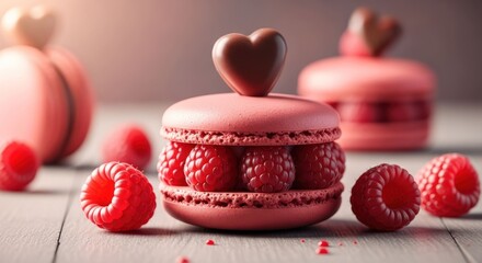 Pink macarons filled with raspberries, topped with chocolate hearts