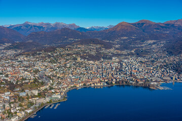 Fototapeta premium Lugano in Switzerland viewed from Monte San Salvatore