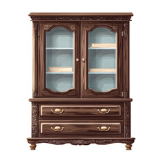 Ornate wooden cabinet with glass doors and drawers.