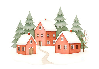 Cute Christmas Houses Illustration, Festive Holiday Cottage Clipart Collection