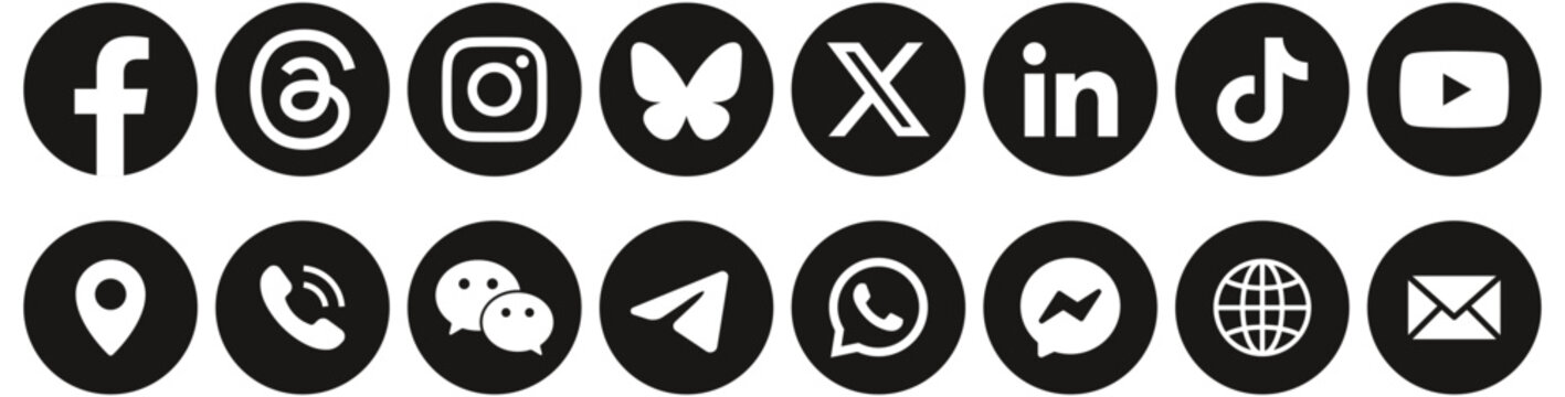 Social media icons button. social network logos , WeChat, WhatsApp, messenger, telegram, linkedin, threads, x, youtube, TikTok, bluesky, Facebook, instagram logo icon button | Contact us icon set