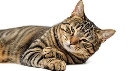 A tabby cat lying down on a white background with its paws crossed looking sleepy and relaxed today
