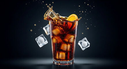 Refreshing cola drink with ice cubes and lemon slice creating a splash on a dark background scene