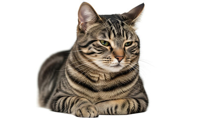 A tabby cat with green eyes lying down on a white background looking slightly to the left side