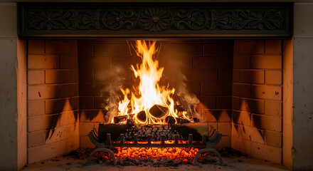 A cozy fireplace with burning logs and bright flames inside a brick surround with decorative mantel